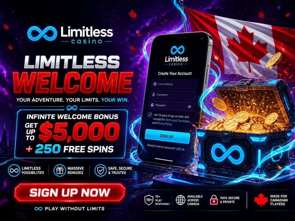 Limitless Casino Canada register welcome bonus 5000$ 250 free spins